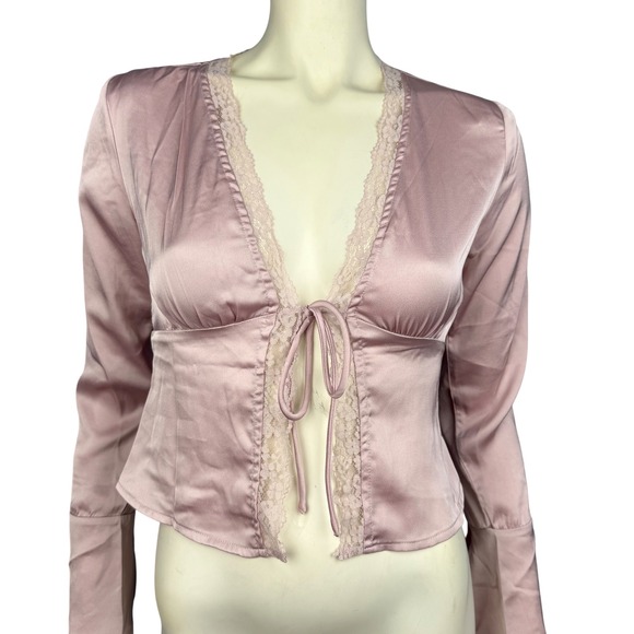 Princess Polly Tops - Princess Polly XS Satin Lace Tie Front Lavender Crop Top‎ Long Sleeve Y2K